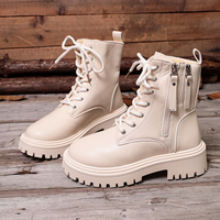 Bottes à lacets à double fermeture éclair pour femmes, plateforme épaisse, semelle à crampons, bout rond, en cuir PU, bottes de combat noires et crème