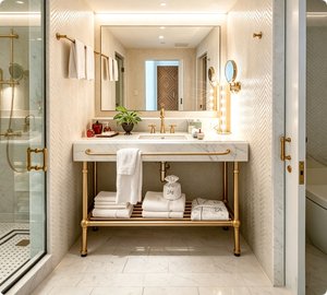 ชุดอ่างอาบน้ำทองเหลืองวินเทจแบบสั่งทำพิเศษสำหรับห้องพักหรูหราในโรงแรม พร้อมอ่างล้างหน้าหินอ่อนและขาตั้งอ่างโลหะ - Product Image 1