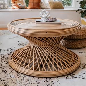 Handwoven Round Coffee <b>Table</b> Boho Hourglass Base Living Room Home Furniture - Product Image 1