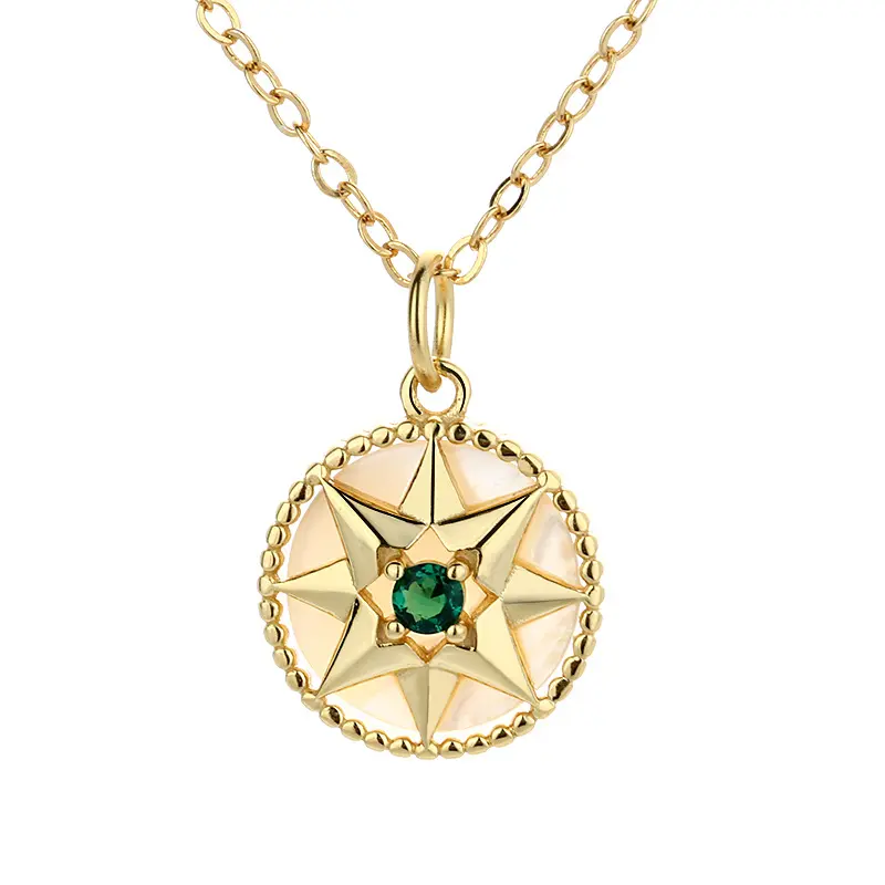 Fine Compass Roman Hexagram Star Round Pendant Necklace Gemstone Mother-of-Pearl 925 Sterling Silver 18k Gold Jewelry for Women