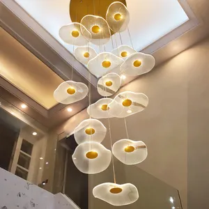 Lotus Leaf Fashion Design Staircase Pendent Lamp Hanging Light For Bar Hotel Lobby Villa Home Acrylic LED Chandelier Modern