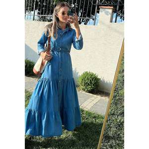 Vestido Camisero Azul con Cuello de Solapa, Cintura Natural, Tejido Transpirable, Vestido Casual Diario - Product Image 2