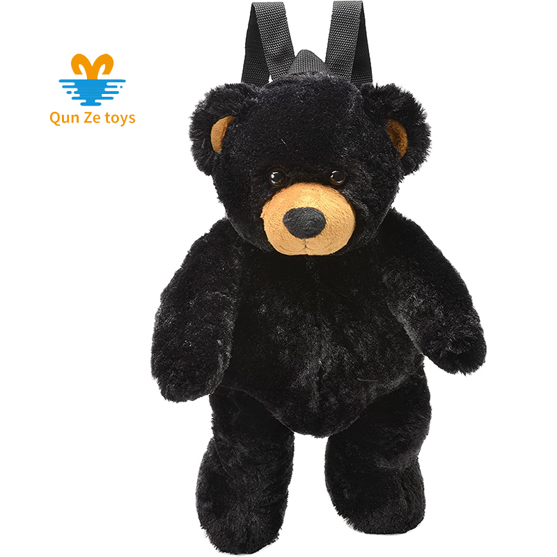 Soft Plush Black Bear Backpack with Adjustable Straps Zippered Pocket Cute Fluffy Wild Animal