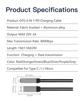 Câble de charge rapide Type-C 6-en-1 en nylon 60W pour accessoires de téléphone, avec emballage en boîte, prêt à être expédié en gros