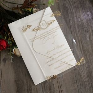 Bán buôn ưa thích lá vàng in 5x7 rõ ràng Acrylic lời mời đám cưới với màu vàng lót phong bì - Product Image 4
