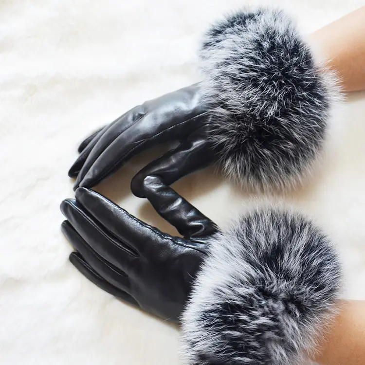 Factory directly real fox fur with Sheepskin leather Outdoor Daily Riding Genuine Leather Gloves