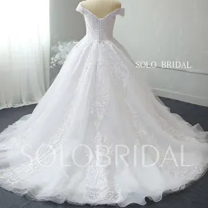 Back Closure Lace Up White Ball Gown Shiny Organza Wedding Dress