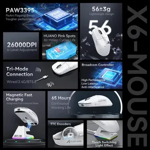 Tấn công cá mập X6 Tri chế độ không dây Bluetooth chuột nhẹ Chuột paw3395 eSports trò chơi được trang bị với một có thể sạc lại RGB cơ sở - Product Image 6