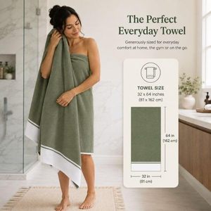 Olive Green Bamboo Bath <b>Towel</b> Fine Woven Texture <b>White</b> Border Soft Absorbent Quick Dry Lightweight Spa Hotel Gym Travel Sheet - Product Image 2