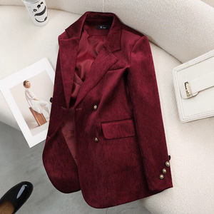 Coffee Colored Women's Corduroy Blazer Solid Color Double Button Loose Fit Casual Korean Style Autumn 2024 - Product Image 3