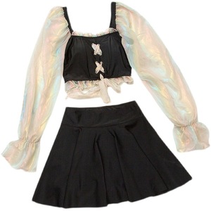 Traje de baño de dos piezas para mujer, conjunto de bikini con top corto y cuello cuadrado en negro y rosa para vacaciones y ocio - Product Image 5