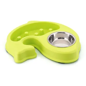 Fish Shaped Plastic Slow Feeder Dog Bowl Cat Feeding Stainless Steel Double Bowls