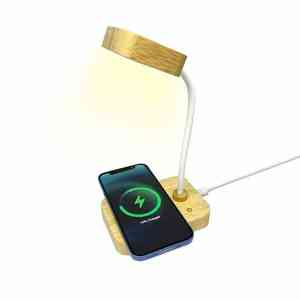 Cargador Inalámbrico Multifuncional de 15W, Lámpara de Mesa de Madera con Control Táctil Flexible, Lámpara LED Regulable con Cargador - Product Image 2