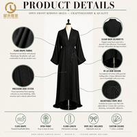 Nouvelle Abaya Femme Musulmane 2026 en Coton Islamique et Mousseline Noire, Modèle Ouvert, Vente en Gros OEM par Fabricant Musulman