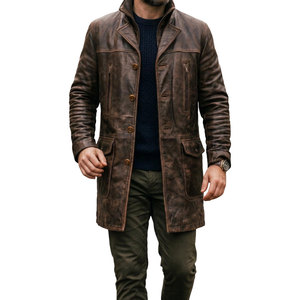 Wholesale Top Selling <b>Men</b>’s <b>Long</b> <b>Coat</b> Double Breasted Custom Color Embossed Genuine Leather <b>Coat</b> Mid Length Winter Wear - Product Image 1