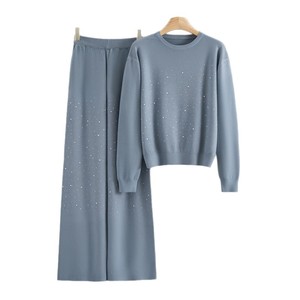 Conjunto de suéter de punto morado y pantalones anchos para mujer con detalles brillantes, ropa informal de moda para otoño - Product Image 5