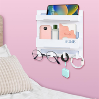 Organisateur de rangement mural adhésif pour chevet, sans perçage, étagère murale pour dortoir avec crochets pour téléphone, lunettes, écouteurs