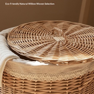 Custom <strong>Wicker</strong> Covered Modern Circle <strong>Laundry</strong> <strong>Basket</strong> Handmade Double Handle Storage Bin Guesthouse Bathroom Clothes Organizer - Product Image 3