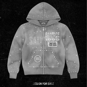 Custom Apparel Manufacturer 100% Cotton Cut & Embroidered Hot-fix Rhinestone Graphic Print Square-<b>zip</b> <b>Hooded</b> Sweatshirt - Product Image 2