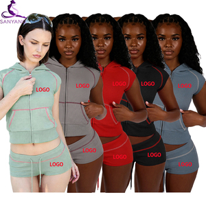 SY26021 Set da <span class=keywords><strong>Donna</strong></span> <span class=keywords><strong>in</strong></span> Maglia Waffle per Loungewear, Felpa Corta con Zip e Pantaloncini a Zampa, <span class=keywords><strong>Abbigliamento</strong></span> Estivo Femminile, Set 2 Pezzi - Product Image 1