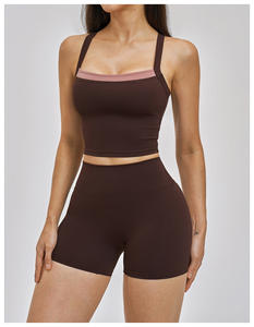 Ensemble de yoga effet seconde peau avec logo personnalisé, sexy, à bretelles spaghetti, sans couture, 5 pièces, tenue de sport pour la gym, taille élastique, direct usine - Product Image 4