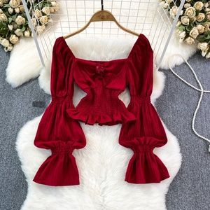 喇叭袖方领荷叶边衬衫女式修身短款衬衫 - Product Image 5