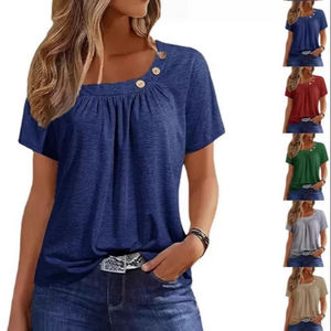 T-shirts d'été décontractés pour femmes Fashion Button Solid Basic Top Tees Streetwear Short Sleeve V Neck Oversized Clothing - Product Image 1