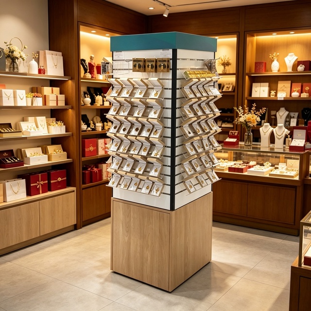 4 Sides Custom Rotating Stand Rack Retail Store Fibreboards Wood Slat Wall Panels Shelves Slatwall Jewelry Display Stand Spinner