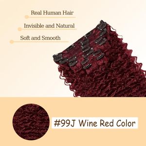 Extensioni per <span class=keywords><strong>capelli</strong></span> con clip in vero capello umano Remy brasiliano, 12 pollici, colore bordeaux/rosso vino 99J, morbide, 120g, 7 pezzi, onda profonda setosa per donna - Product Image 5