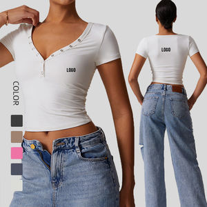 Top Deportivo Corto de Manga Corta con Cuello en V Profundo para Mujer, Ajustado, Antiencogimiento, con Estampado Flocado, para Correr, Fitness, Deportes - Product Image 2