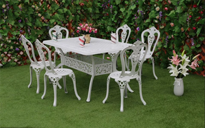 Ensemble <span class=keywords><strong>table</strong></span> à manger <span class=keywords><strong>ronde</strong></span> et chaises d'extérieur en <span class=keywords><strong>fer</strong></span> <span class=keywords><strong>forgé</strong></span> pour patio en métal blanc Ensemble de chaises en fonte d'aluminium pour meubles de jardin et de jardin - Product Image 2