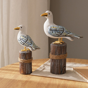 Ensemble d'ornements en bois massif en forme de mouette, 2 pièces, style méditerranéen, sculpture ronde, décoration de la maison, décoration de salon - Product Image 1