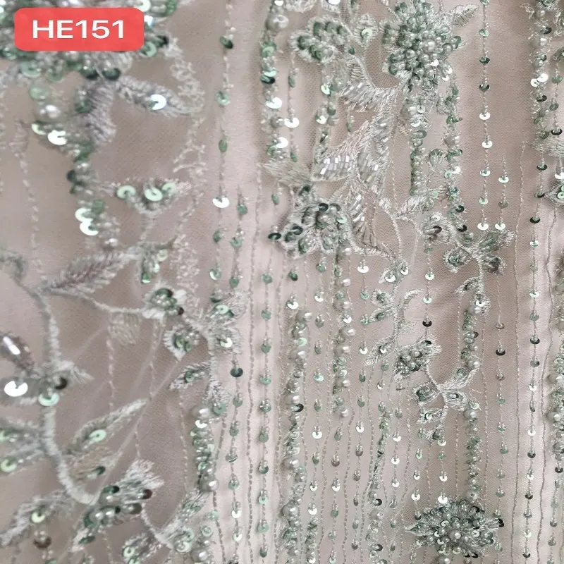New design french mauve 3d flower heavy pearl beaded lace fabric embroidery tulle lace dress fabric in dubai