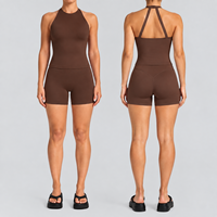 Ensemble de yoga pour femmes avec logo personnalisé OEM ODM, 75 % nylon, 25 % élasthanne, haut sans manches à col haut, short taille haute, vêtements de fitness pour Pilates