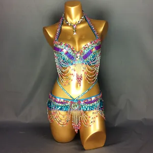 Женский костюм для танца живота, комплект из 2 предметов, одежда для танца на Хэллоуин с бисером и поясом