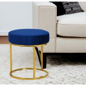 Poggiapiedi rotondo in velluto blu e oro pouf materiale di lino da 16 \ "HMS per camera da letto o soggiorno con seduta morbida ed allungabile - Product Image 1