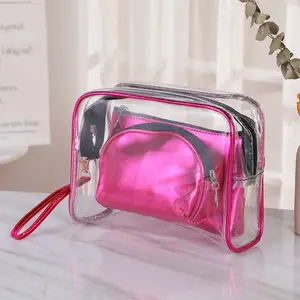 3 Pcs/Set Cosmetic Bag Set Clear Pvc Metallic Pu Leather hot pink makeup bag Custom Logo Cosmetic Make Up Case Bag For Ladies