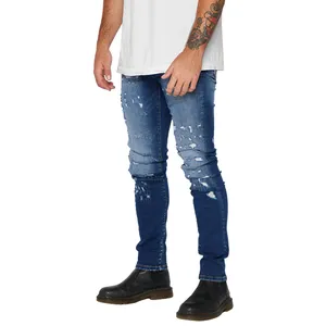 OEM individuelle hochwertige zerrissene Patch Skinny Fit Männer gestapelte Jeans haben hochwertigen Schnurrbart-Effekt