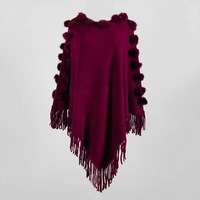 Cape d'hiver en fourrure de lapin pour femmes Pull-over en fausse laine avec pompons