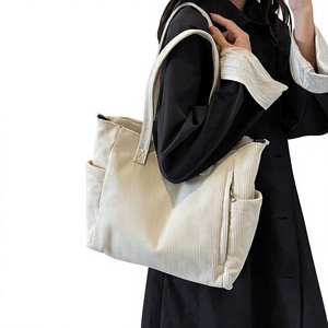 Solid Color Corduroy Tote Bag Zipper Shoulder <b>Handbag</b> Large Capacity <b>Soft</b> Women Shopper for Winter - Product Image 3