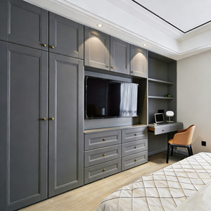 Armoire sur mesure en bois massif du sol au plafond avec support TV, ensemble de meubles de chambre à coucher moderne et minimaliste, Garde-robe - Product Image 6