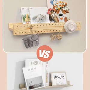 Wooden Pegboard Double Layer <b>Shelf</b> <b>Wall</b> <b>Mounted</b> Adjustable Storage For Kids Books Toys Stationery Natural Wood Color - Product Image 3