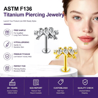 Labret à dos plat en titane ASTM F136 G23 plaqué or avec zircon taille marquise et grappe de 3 pierres, boucle d'oreille pour cartilage, cadeau, vente en gros