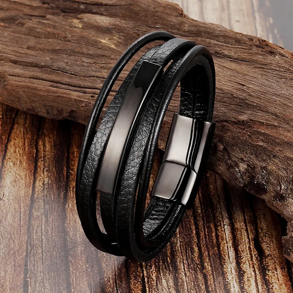 Bracelet en cuir véritable de haute qualité bracelet chaîne en acier inoxydable pour hommes