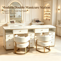 Table de manucure double poste avec aspirateur intégré, bureau à ongles LED avec 2 chaises, plateau en marbre blanc, table de manucure de luxe pour salon
