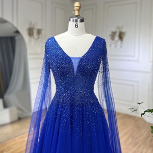 Robe de soirée élégante à manches cape et col en V bleu, style A-line, ornée de perles, Serene Hill LA72315, <span class=keywords><strong>robes</strong></span> de bal élégantes pour femmes - Product Image 4