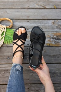 Women Bow Crisscross Straps Flat <b>Sandals</b> <b>Elastic</b> Ankle Strap Open Toe Summer Beach Footwear - Product Image 6