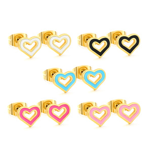 Pendientes con forma de corazón de acero inoxidable chapados en oro para mujer, joyería de moda, 10 pares, diseño colorido de amor - Product Image 1