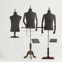 Mannequin Buste Homme de Vitrine pour Costumes, Bras Articulés en Bois, Lin Noir, Modèle Masculin pour Présentoir de Vêtements