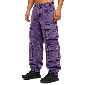 Wholesale Men's Denim <b>Cargo</b> Jeans Custom Logo Multi Pocket Casual Pants Utility Workwear <b>Trousers</b> Relaxed Fit Streetwear Private - Product Image 1